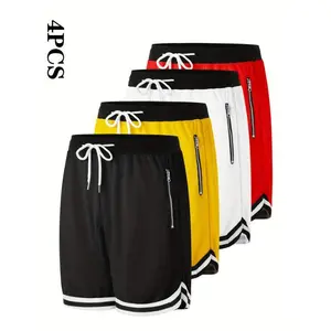 4-Pack Men's Casual Athletic Shorts, Breathable Polyester - Zippered Pockets, Elastic Waistband, Multicolor, Basketball and Athletic Wear, Machine Washable