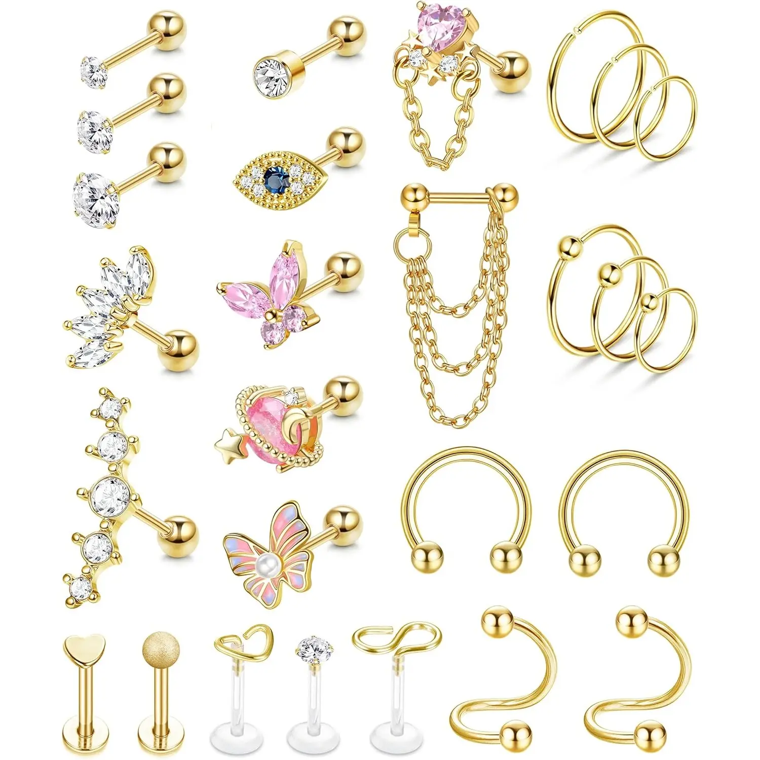 YADOCA 27Pcs 16G Hypoallergenic Stainless Steel Ear Piercings Kit - Women’s Cartilage, Tragus, Conch, Daith Studs & Hoops, CZ Butterfly, Heart, Evil Eye Body Jewelry, Everyday, Body Piercings Set, Conch Piercing Ear, Daily, 20G, Anti‑Rust Steel