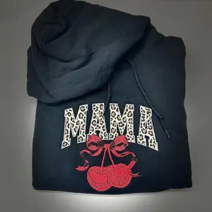 Mama Cherry Embroidery Hoodie - Leopard Print Design with Red Bow Detail for Women