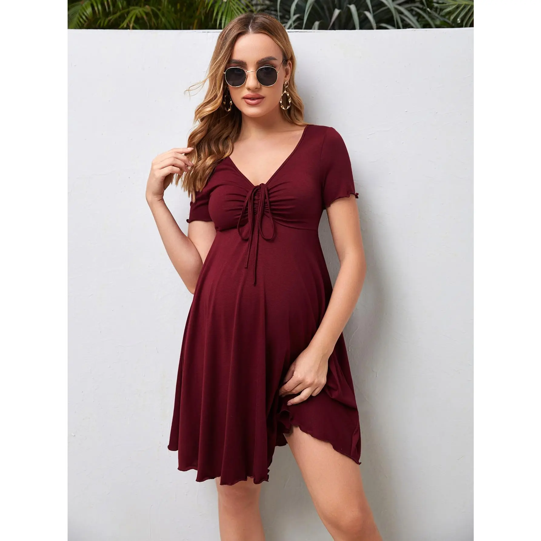 Maternity Drawstring Front Lettuce Trim Dress