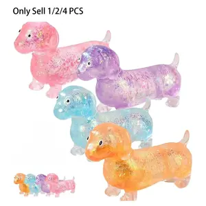 Stress-relieving squeeze toys, Rubik's Cube stress-relieving squeeze toys, dachshund-shaped stress-relieving toys, upgraded glitter gel stretch balls, and cute mini dogs with expressive faces.