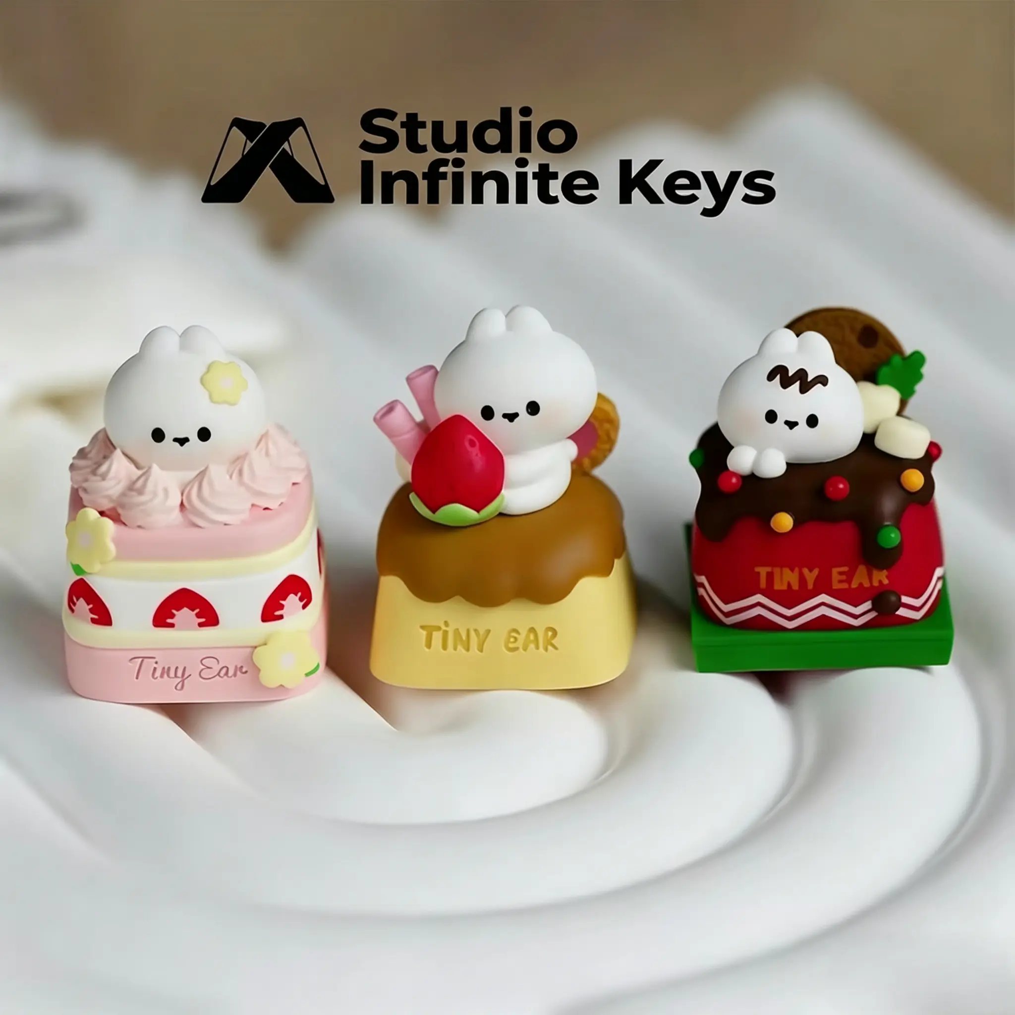 3 Styles Cute Tiny White Bunny Dessert Cake 3D Artisan Keycap, Hand Poured Matte Resin Custom Key Cap Compatible All MX Mechanical Keyboard Switches, Kawaii Pastry Gaming Desk Decor Gift