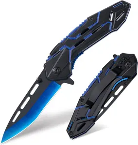 [Father's Day Top Gift] Men's Black-Blue Geometric Hollow Tactical Folding Pocket Knife, Quick-Open Stainless Steel Sharp Blade, Belt Clip, Lightweight EDC Utility Cutting Tool for Camping, Hiking, Father's Day Gifts, Mens Gifts