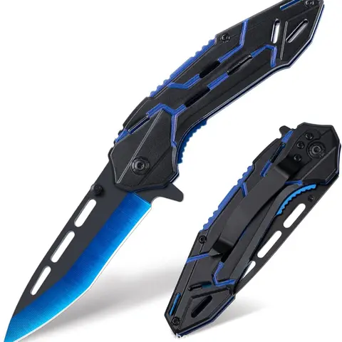 [Father's Day Dad Gifts] Compact Black-Blue Geometric Hollow Wood Handle Tactical Folding Pocket Knife, Quick-Open Stainless Steel Sharp Blade, Belt Clip, Lightweight EDC Gear for Hiking, Fishing, Bushcrafting
