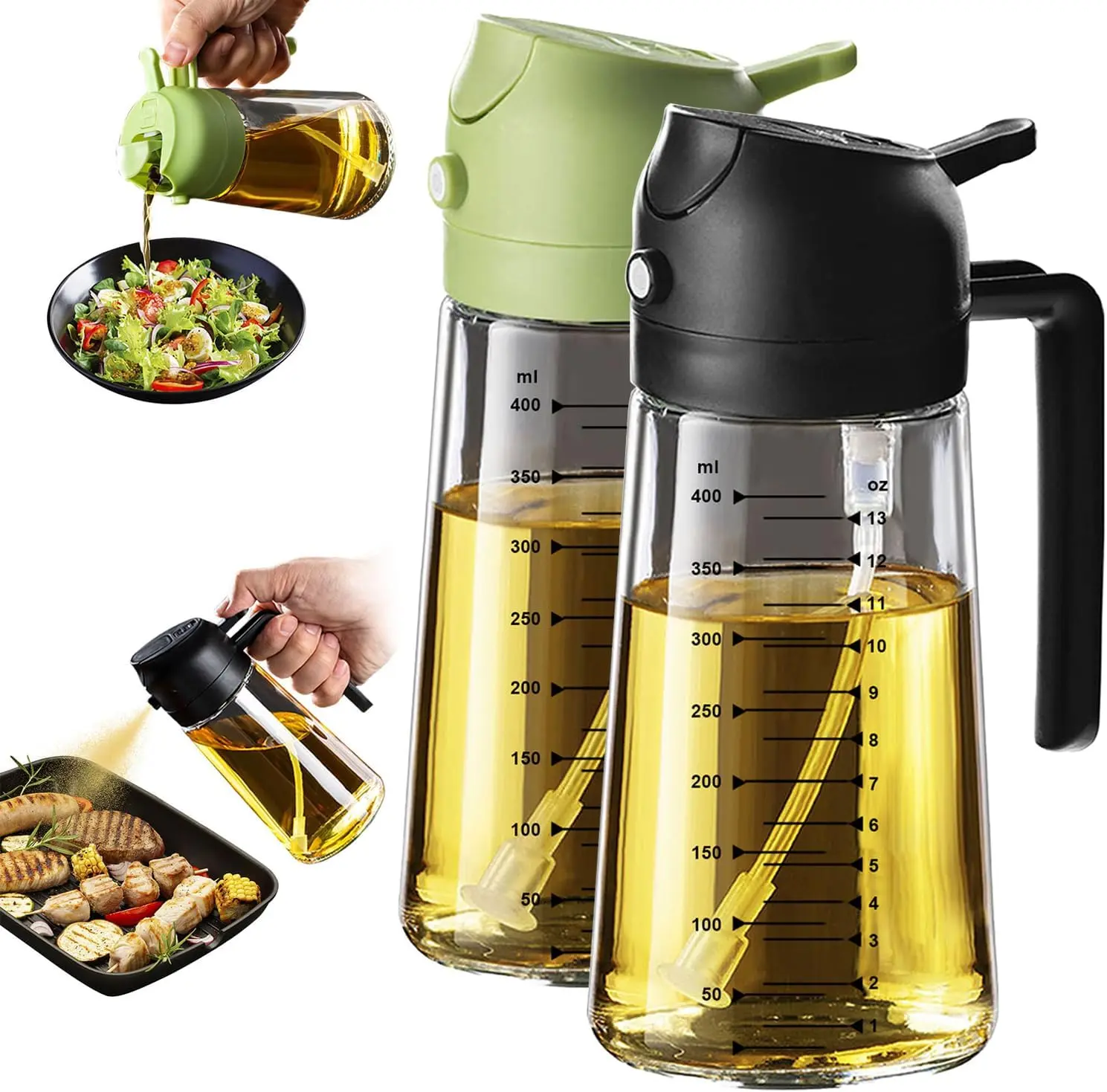 Kitchen Oil Dispenser Utensils 2-Piece Set, 16oz/470ml Reusable Glass Spray Bottles with Visible Measurement Markings & Spray Control, Solid Colors Black+Green for Cooking, Party Use