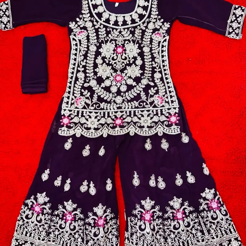Sharara 3 Piece Dress for Eid Festive for 4 Year with Intricate Design and Black and Navy Color Scheme