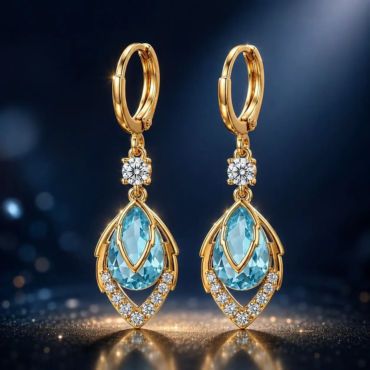 Women’s Sky Blue Drop Earrings, Sparkling Crystal Dangle Earrings, Gold Tone Elegant Jewelry, Trendy Statement Earrings for Party, Date Night and Daily Style