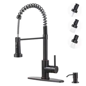 WOWOW Single Handle Kitchen Faucet with Pull Down Sprayer,  3-Mode Stainless Steel Sink Faucet [Soap Dispenser Optional], ORB/Black/Gold/Nickel/Chrome Stainless Steel Faucet with Deck Plate for Farmhouse RV Laundry