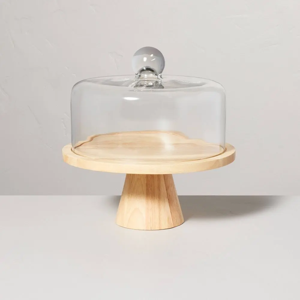 11.5" Wooden Cake Stand with Glass Cloche - Hearth & Hand with Magnolia: Rubberwood Pedestal Farmhouse Style