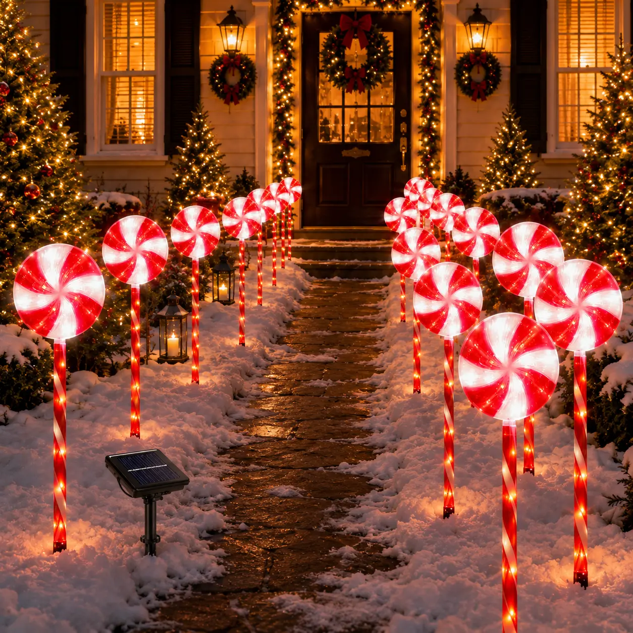 Holiday Lighting - Festive Candy Cane Pathway Decor with Solar-Powered LEDs for Outdoor Christmas Decorations
