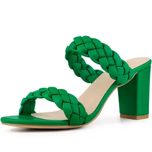 BLISSFUL STEP Braided Heeled Slip-on Chunky Heel Slide Sandals