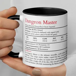 D&D inspired custom Dungeon Master Mug, Funny DnD Stat Block Gift for Tabletop Gamers, Game Masters, RPG Lovers, and Fantasy Roleplayers - dud10066