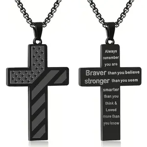 Cross Pendant Necklace for Men Teens Boys, Stainless Steel Bible Verse Flag Jewelry, Patriotic Faith Gift for Graduation, Birthday, Christmas, Easter