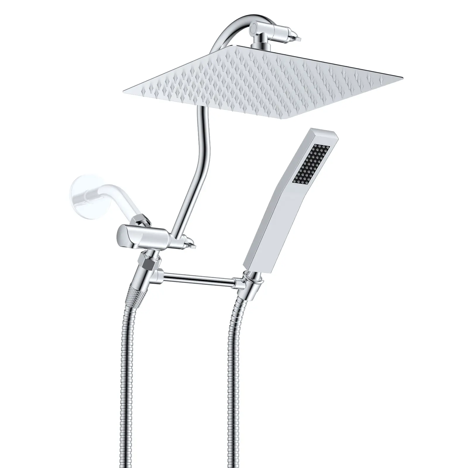 Hibbent All Metal Shower Head, 12'' High Pressure Rainfall Shower Head, Showerhead Combo/Handheld Shower Wand, 12'' Adjustable Curved Shower Extension Arm, 71'' Hose, 2 Shower Head Holders, Chrome