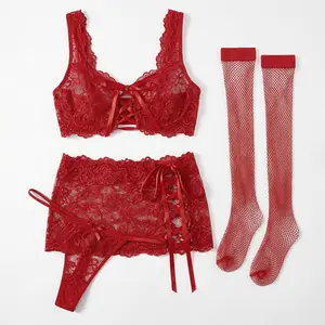 Valentine's Day Gift Women's 4-Piece Sexy Lingerie Set Sheer Lace Floral Strappy Bra & Mini Skirt with Stockings Briefs Paired Micro-Stretch Fabric for Everyday Wear Womenswear