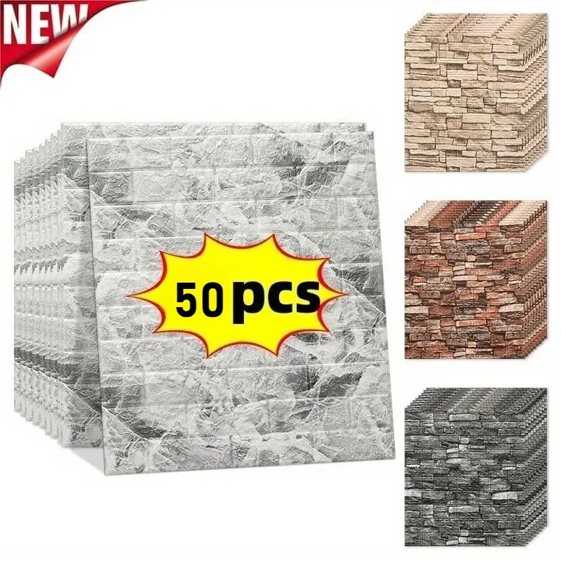 50pcs Vintage Brick Wallpaper Peel And Stick, Self-Adhesive Foam Decorative Wall Panels, Thick Removable Vinyl Tiles, Easy Clean and Cut, for Living Room, Kitchen, Bedroom, Office Decor