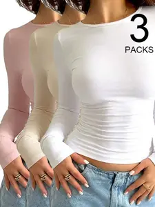 Women's 3-Pack Slim Fit Long Sleeve Crop Tops Buttery Soft Stretchy Modal, Crew Neck Ruched Waist Basic Layering Tees, Casual | Perfect for Daily Wear & Going Out | Multi-Color Sets: Pink/Beige/White, Black/Grey/Beige, Lilac/Beige/Pink Womenswear Lady
