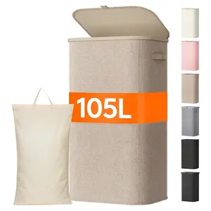 Large Capacity Laundry Basket with Lid, Plastic Handle and Detachable Bag, Foldable Dirty Clothes Basket, Foldable Laundry Hamper for Laundry Room, Bedroom, Bathroom, Dormitory