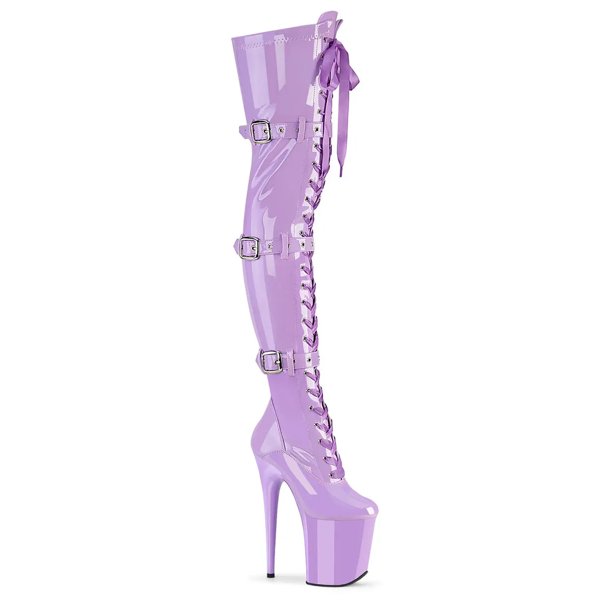 Women's Lavender Stretch Patent Leather Thigh-High Platform Boots, Flexible Design with 3 Buckles, Full-Length Side Zip, Ribbon Lace-Up, Statement Over-The-Knee Footwear