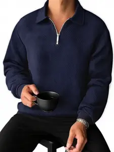 Men's casual Relaxed Fit Long Sleeve polo shirt, with a collar opening and a half zipper, featuring fishbone patterned jacquard knit fabric, in a hoodie style, suitable for both vacation and daily wear, Casual Golf Polo, Menswear