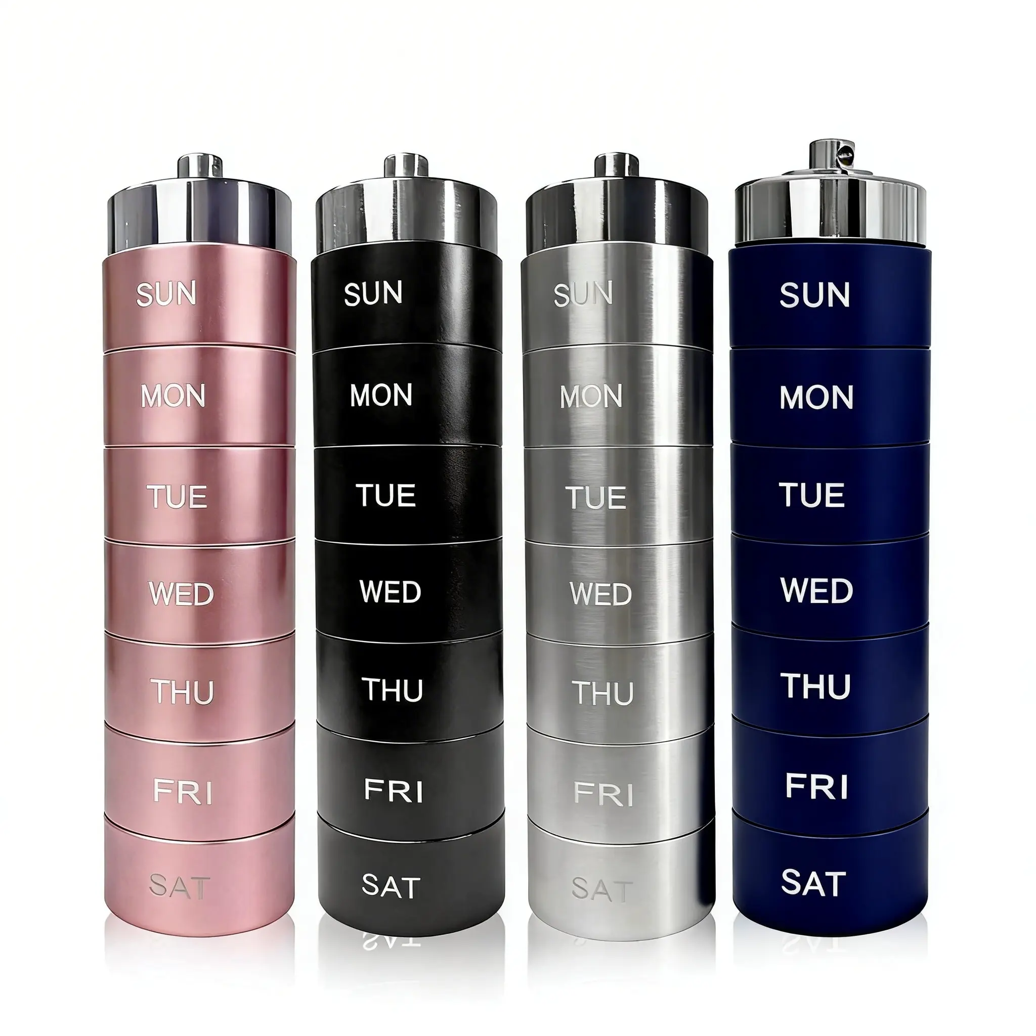 Metal Container Pill Dispenser - 7 Day Stackable Waterproof On-the-Go Organizer with Day-of-the-Week Compartments, Round Multi-Compartment Holder for Fish Oil & Supplements, Large Capacity Healthcare Aid, Day-Of-The-Week Compartments Pill Dispensers, Meta