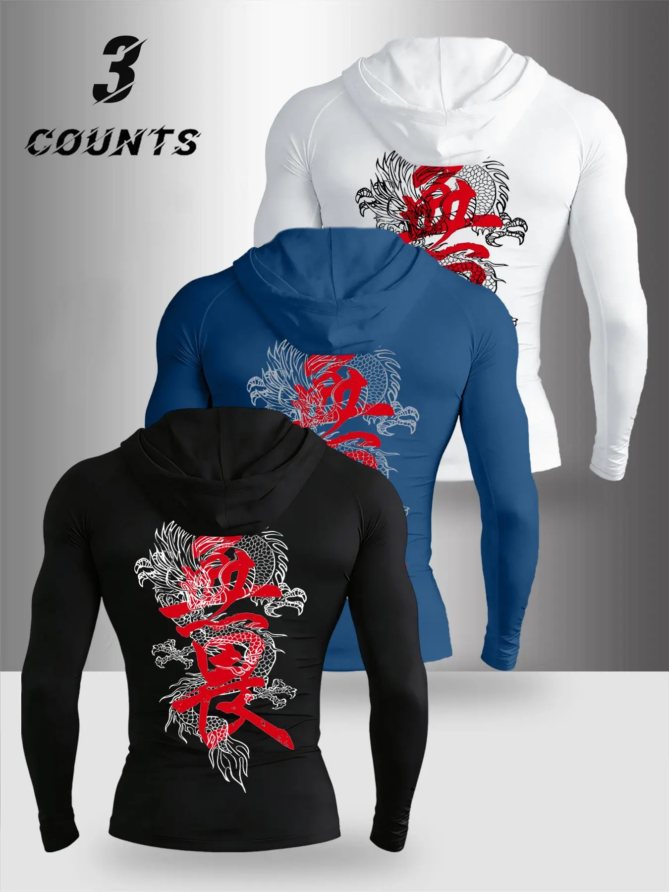 Men's Fearless Dragon Pattern Long Sleeve T-Shirt Set of 3, Comfortable Breathable Elastic Fabric, Spring Casual Hooded Tee, Casual Print Hoodie, Tops, Breathable Streetwear