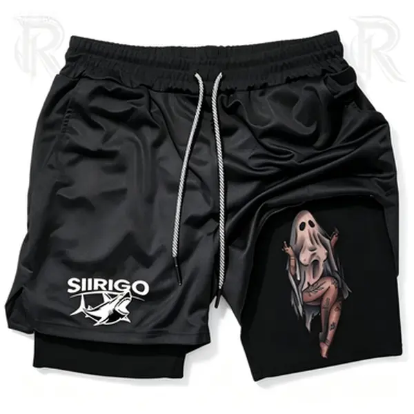Men's 2-in-1 Quick-Dry Running Shorts - Bilayer Athletic Gym Wear, Aesthetic Tattoo Ghost Design, Y2K Grunge Summer Outfits