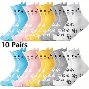 10 Pairs Girl's Cartoon Cat Pattern Knitted Crew Socks, Thickened Comfy Breathable Soft Crew Socks Cat Lover