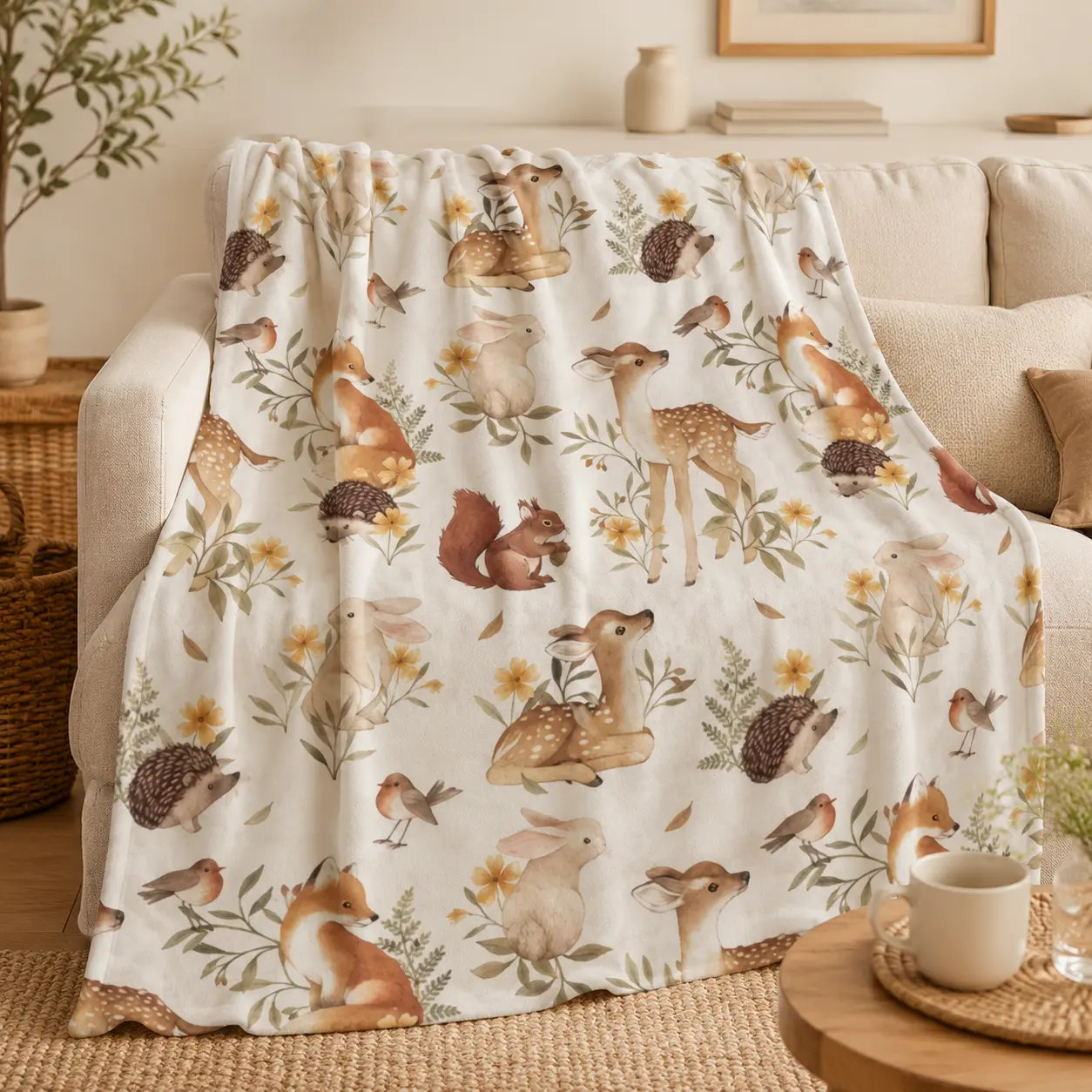 Watercolor Woodland Forest Animals Floral Cottagecore Flannel Throw Blanket, Lightweight Soft Fuzzy Plush Blanket for Couch Bed Sofa, All Season Cozy Warm, Sweet Nursery & Holiday Gift, Neutral Wildlife Botanical Aesthetic Bedroom Home Decor
