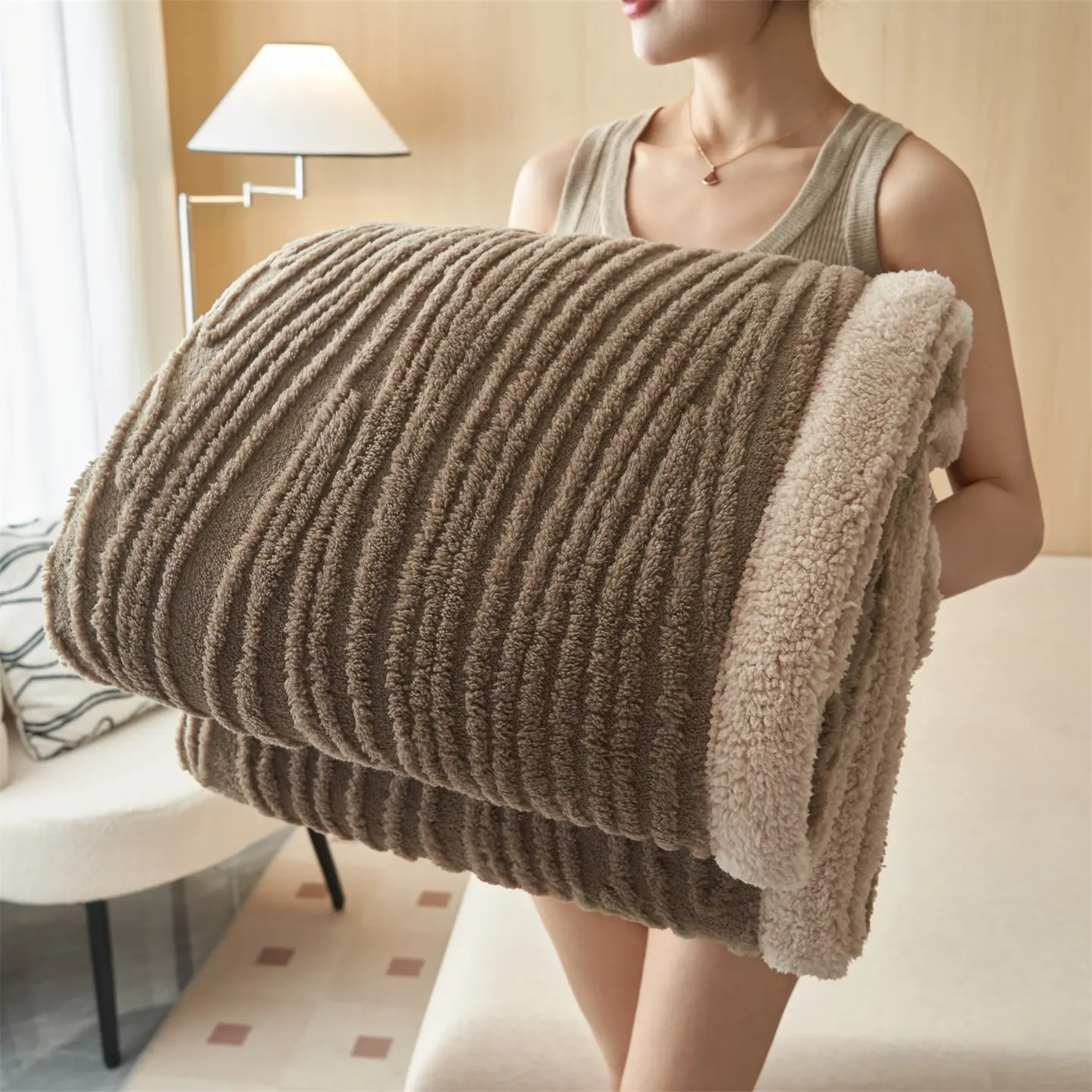Nordic Style Pure Color Jacquard Tufted Blanket, Double Layer Thickened Soft Cozy Throw for Home Office Leisure, Multifunctional Soft Plush Blanket