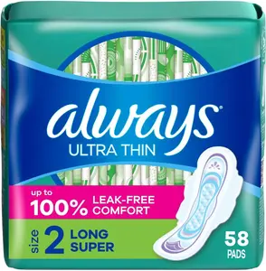 Always Ultra Thin Pads with Wings, Size 2, Long Super, 58 Count