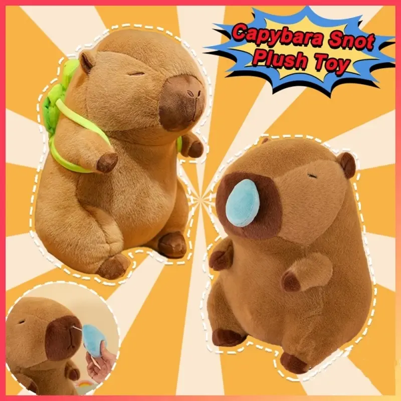 Capybara Plush Toy, 9in/13in/17in Sizes with Turtle Backpack & Automatic Retractable Snot Ball, Cuddly Stuffed Animal Soothing Stuffed Doll for Home Decor, Cute Gift for Kids