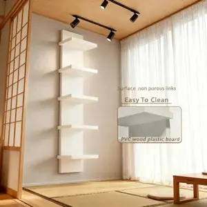 Five-tier white PVC wall shelf, heavy-duty floating shelf, self-adhesive wall-mounted storage shelf without drilling, suitable for displaying plants, books, and artworks in bedrooms, modern Bohemian-style home decor display shelf (Model: DM148)