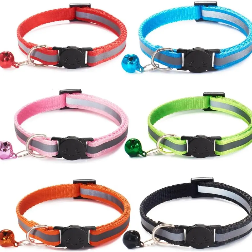 6 Pack Reflective Safety Cat Collar with Bell, Breakaway and Safe Collars for Cats, Nylon, Adjustable Fit 19-32cm, Mixed Colors