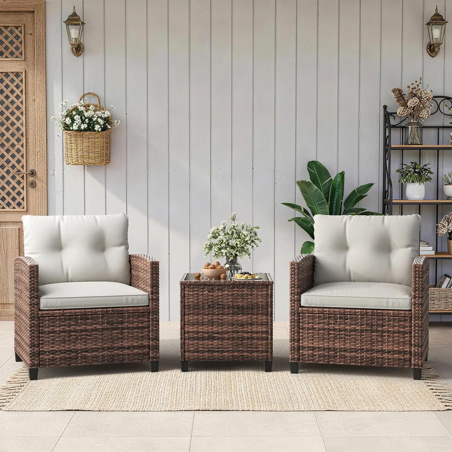 3-Piece Patio Furniture Set, Outdoor PE Rattan Conversation Bistro Set with Tempered Glass Table & Washable Cushions, All-Weather Chair and Table Set for Porch, Garden, Balcony, Deck