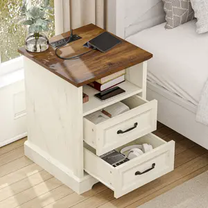 HOMMPA 18'' Rustic White Farmhouse Nightstand with Charging Station 2 Drawers & Open Shelf Bedside Table for Bedroom Living Room