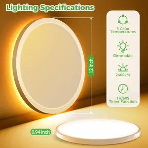 LED Ceiling Light with Night Light 1800K, 3000K/4000K/6500K 12 Inch Dimmable Light Fixtures with Remote Control, 24W 2400lm Low Profile Ceiling Lamp for Bedroom LivingRoom Kitchen-White, Black