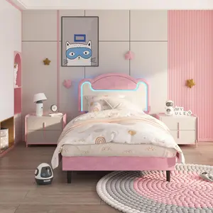 Garvee Twin Upholstered Bed 39 inch with LED Light Design, Wood Frame Soft Bed in Pink and White, Low Profile Bedroom Bed for Sleep Transition and Daily Home Use