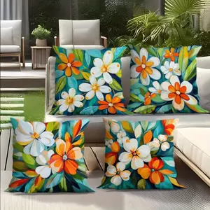 4pcs High-Quality Outdoor Floral Pillowcase Set - Coastal-Style Vibrant Teal and Orange Peach Skin Cushions, Durable and Machine Washable with Zipper Closure, Suitable for Patio, Garden, Poolside Decoration, Coastal-Inspired Design Fabric
