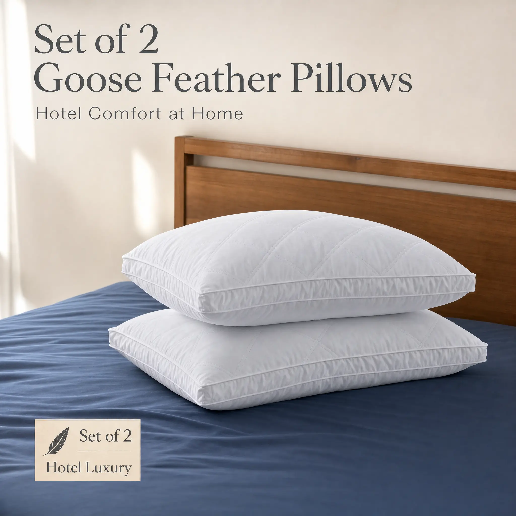 GOOSEA 2-Pack Goose Feather Bed Pillows, Premium Natural Fill, Gusseted Medium Firm Support, Breathable Diamond Quilted Ultra-Soft Peach Skin Cover, Home/Hotel Collection for Side/Back Sleepers, Natural Goose