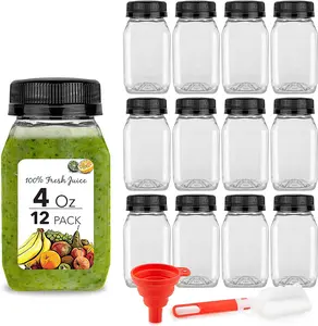 (Limited Time Deal) 4 Ounce Mini Bottles for Mini Fridge, Reusable Juice Containers with Black Caps for Liquids in Kids Lunch Box, Clear Plastic with Lids (12 Pack)