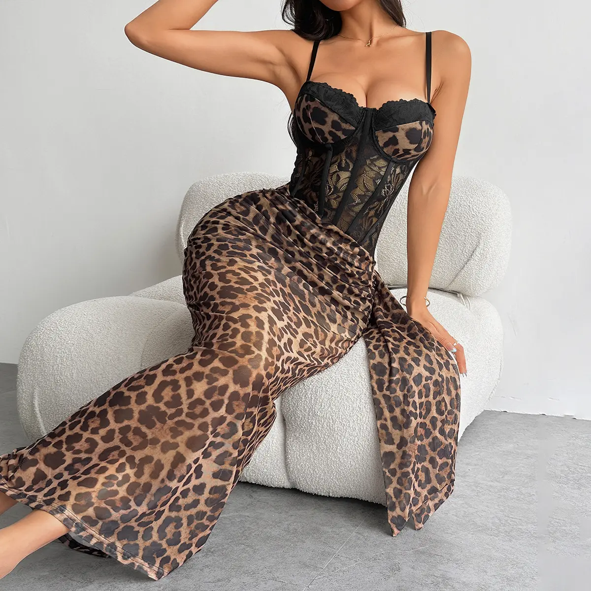 Tonark Leopard Print Dress - Tummy Control Lace-Up Front & Bodycon Fit, Sheer Mesh Bralette & Matching Panty, Adjustable Straps, True to Size, Unlock Your Confidence