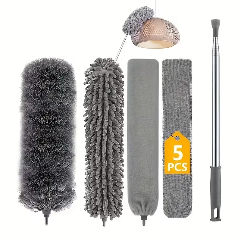 5pcs Heavy-Duty Telescopic Ceiling with Bendable Brush, Detachable, Adjustable Extension Pole (33.45” to 111.42”) for High-Floors, Wet/Dry Multi-Duster Suitable for Ceiling Fans, Blinds, Car, Microfiber Ceiling Duster, Cleaning Supply