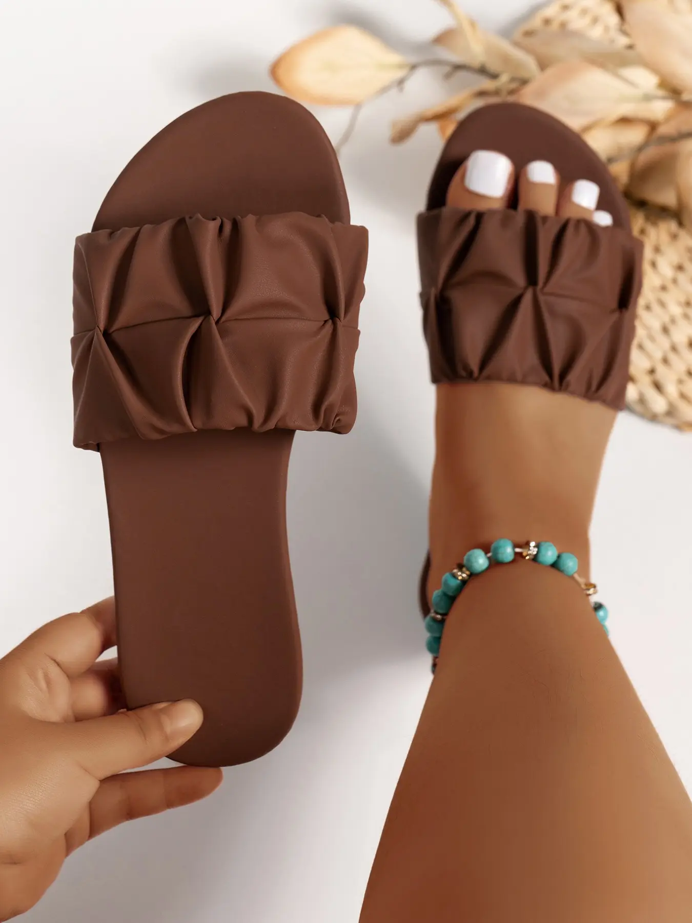 Fashion Square Toe Pleated Flat Heel Sandals Trendy Sandals Fashionable Sandals Summer Vacation Style PU Slippers, Women's Casual Comfortable Shoes