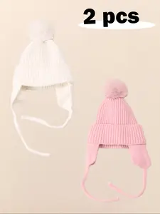 2pcs Baby Boys & Girls Newborn Toddler Pom-Pom Beanie, Cozy Knit Winter Warm Heart Design, Cute Babies Beanies Bonnet Hats for Kids Hat Set