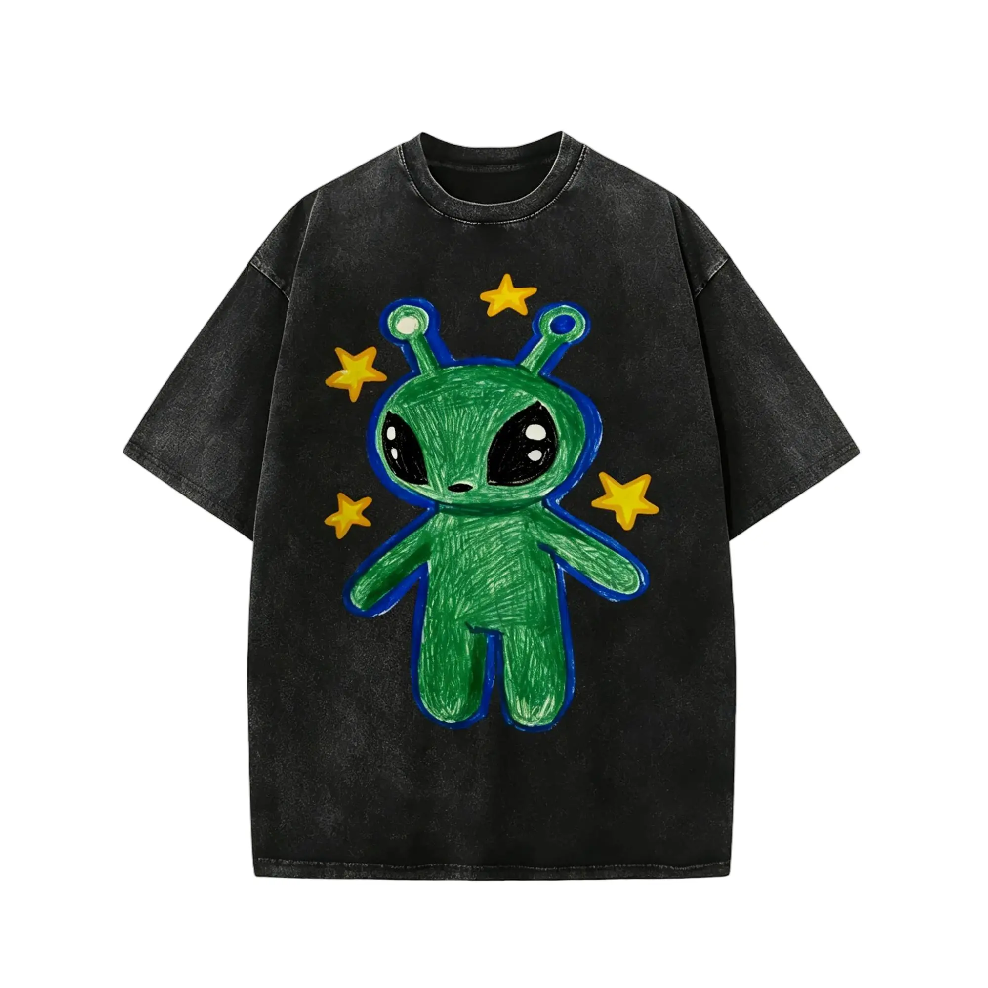 Cute Alien Unisex Vintage Washed Tee, Unisex Vintage Washed Tee, Vintage Coloful Tee - Oversized  meme Shirt - Natural & Animal Planet Unisex Streetwear Round Neck Top cotton t-shirt