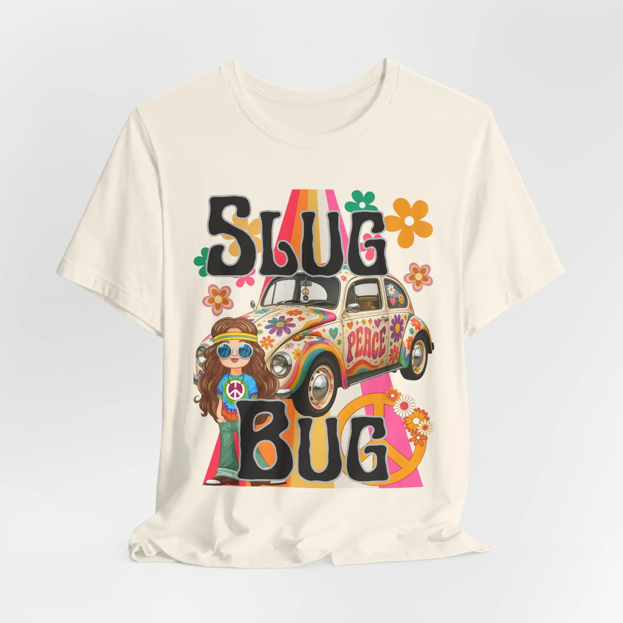 SunflowerPorchCo Hippie Peace Beetle Slug Bug Tee | Retro VW Bug, Flower Power Design