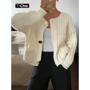 Women’s basic solid-color casual textured cardigan with front metal buttons and pockets, long-sleeve knitwear for everyday wear
