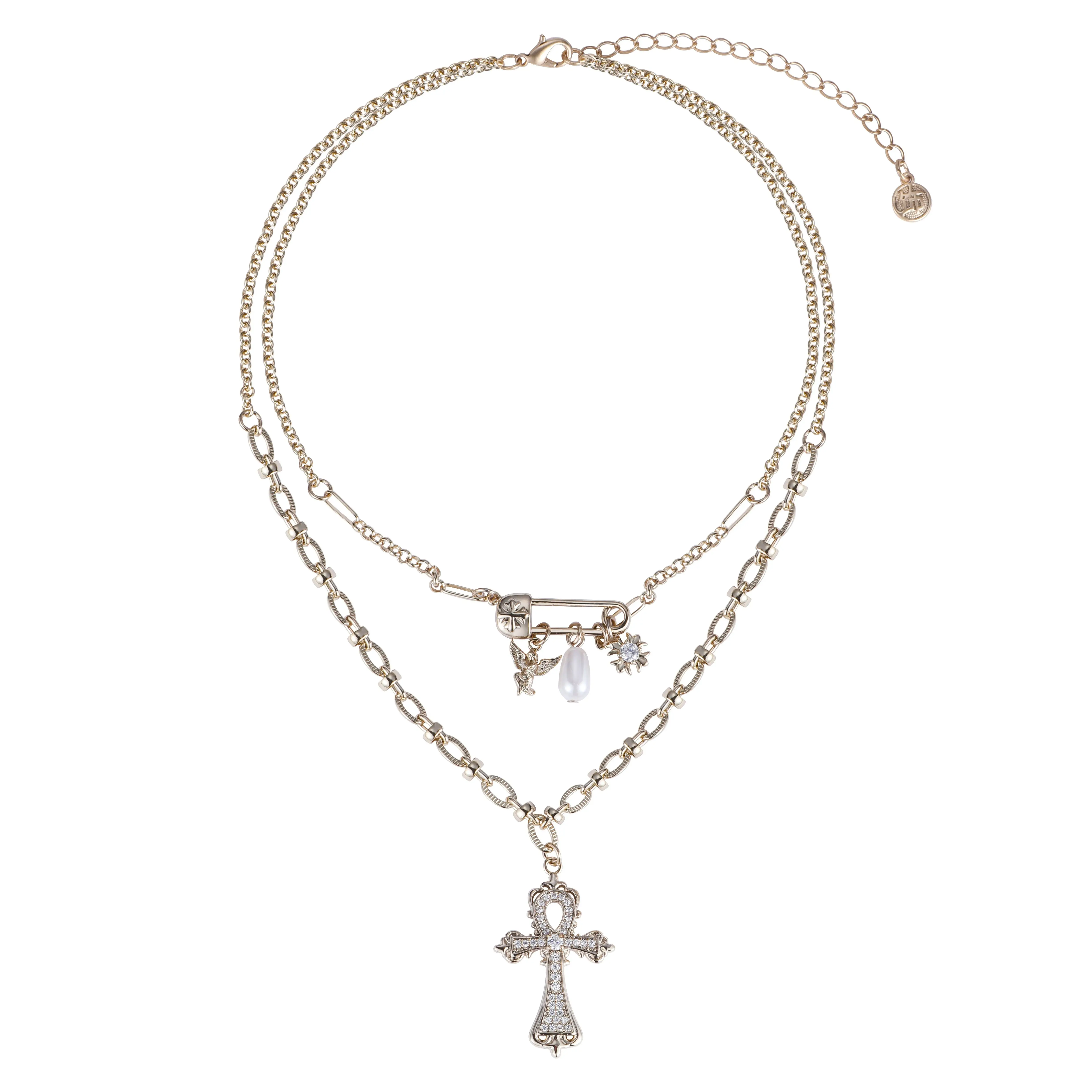 Eudora Vintage Ankh Cross Pendant Necklace Two Tone Light Gold Double Layered Egyptian Key of Life Jewelry Gift for Women