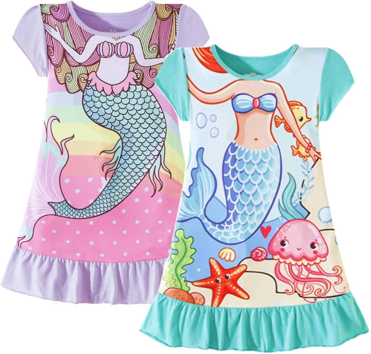 Girls' Cotton Blend Nightgowns 2-Pack - Ruffled Hem Sleepwear with Mermaid Print, Toddler Sizes 3-9 Years, Nightgown Robe Set